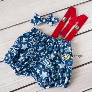 Lucky Stars navy cake smash outfit with red suspenders