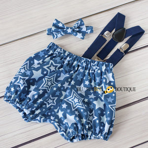 Lucky Stars navy cake smash outfit with navy suspenders