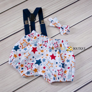 Lucky Stars White Cake Smash Outfit with navy suspenders