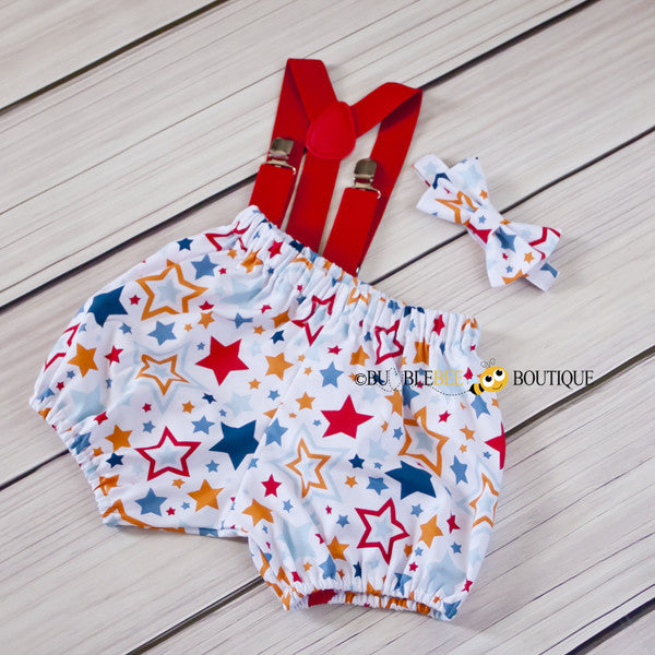 Lucky Stars White Cake Smash Outfit with red suspenders