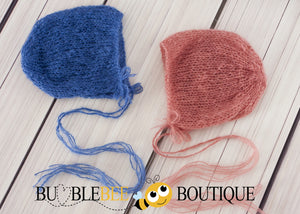 Hand knitted mohair bonnets pair sapphire blue & dusky pink newborn photography prop