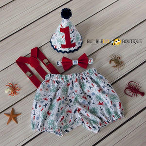 Octopus Beach White Cake Smash Outfit with Red Suspenders & Tie
