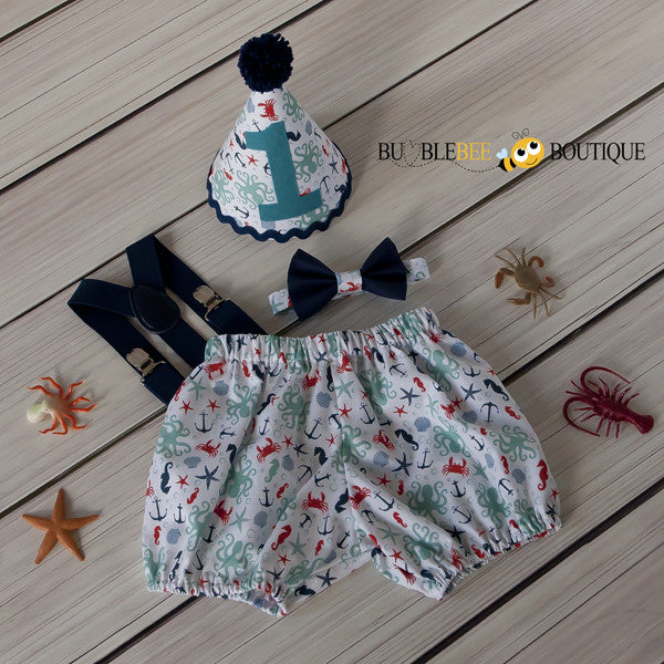Octopus Beach White & Teal Cake Smash Outfit with Navy Suspenders & Bow Tie