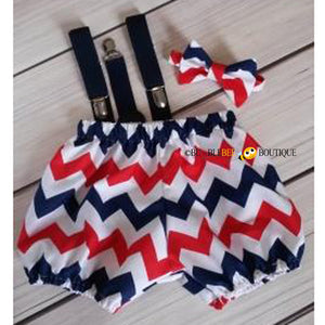 Red, white & navy chevron striped cake smash outfit with navy suspenders