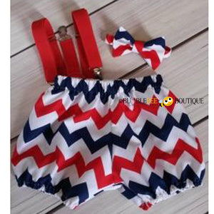 Red, white & navy chevron cake smash outfit with red suspenders
